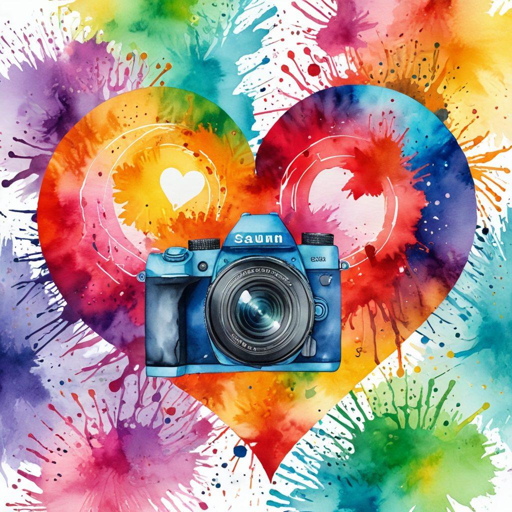 A vibrant montage blending photography and visual art, featuring a heart-shaped collage of diverse artists at work, colorful paint splashes, and iconic camera tools. Elements of love, passion, and creativity swirling around like a dream, with soft bokeh lights in the background. Emphasize warmth and connection through art. watercolor painting. vibrant colors. imaginative composition.