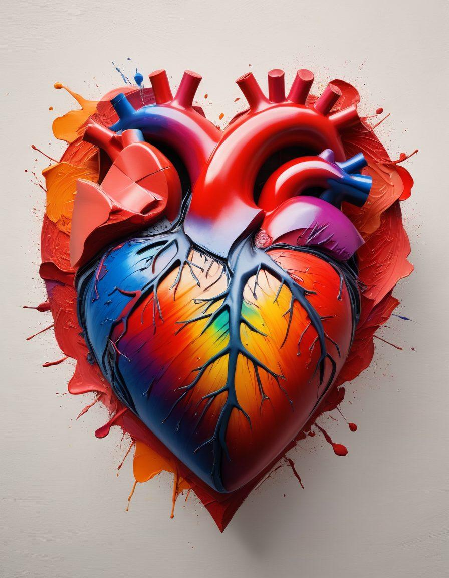 A vibrant heart formed by a collage of various art styles, including abstract paintings, vivid street art, and classic sculptures, symbolizing the connection between visual art and emotions. The background should be a soft gradient, enhancing the focus on the heart and art pieces. Include subtle brush strokes and textures to evoke passion and warmth. super-realistic. vibrant colors. soft gradient background.