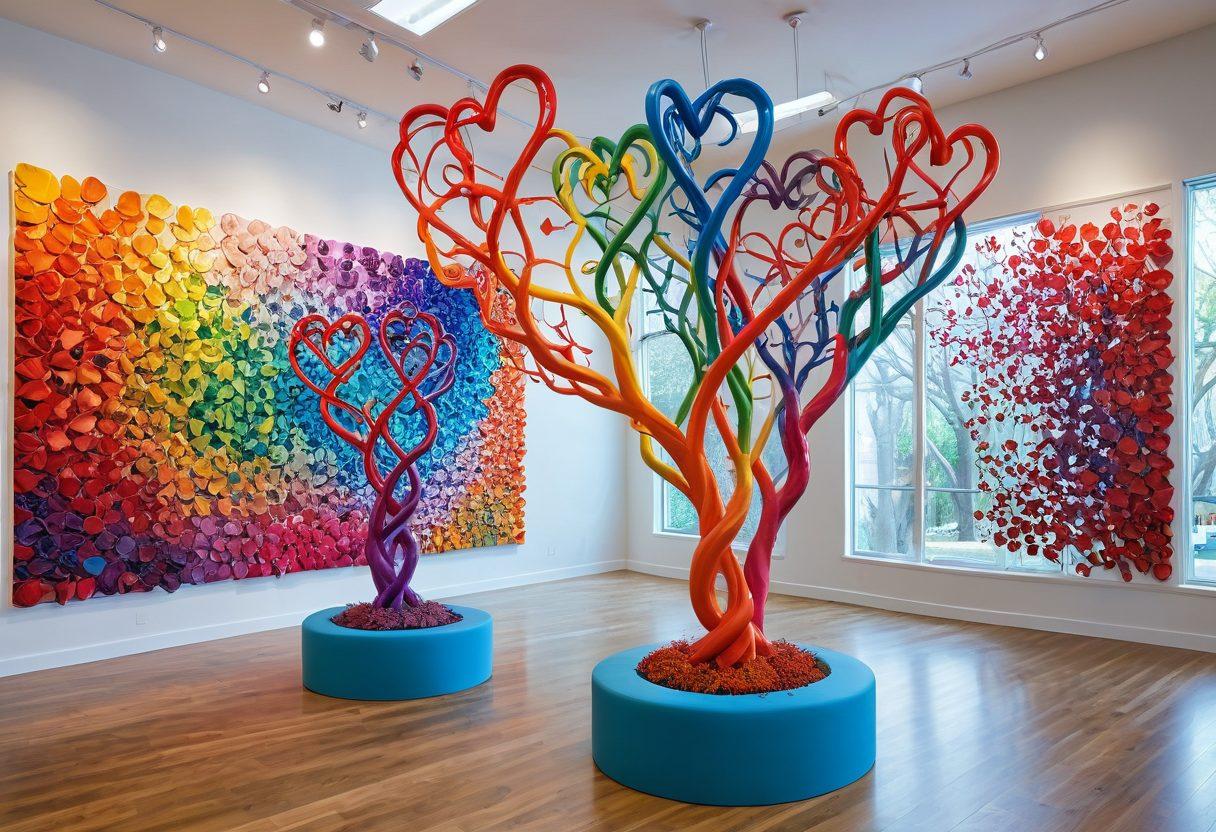 A whimsical art installation showcasing intertwined hearts and vibrant colors, with visitors admiring abstract sculptures filled with dreamy textures and light. The background should be a bright, airy gallery space with splashes of color splattered on the walls, reflecting a sense of love and creativity. Include elements of nature like flowers and trees merging artistically with the installations. surrealistic. vibrant colors. bright gallery space.